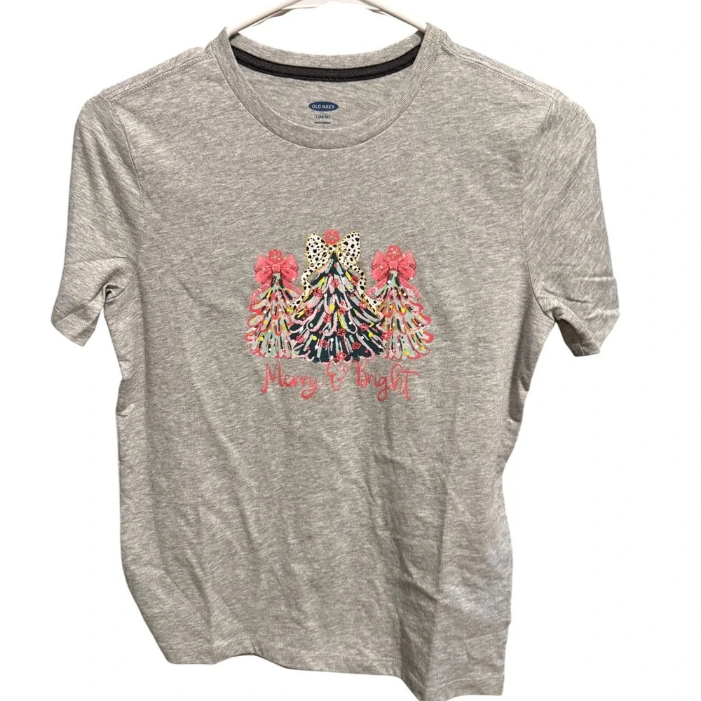Kids Old Navy Gray Merry Bright Christmas‎ Tree Tee Shirt Size 10/12 large